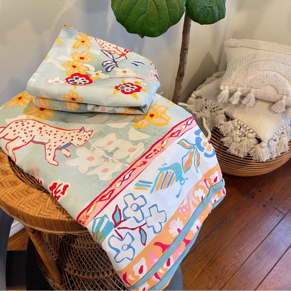 NEW Anthro Blue Jungle Multicolor Boho Queen / King Bedding Duvet & Sham Case - Picture 12 of 16